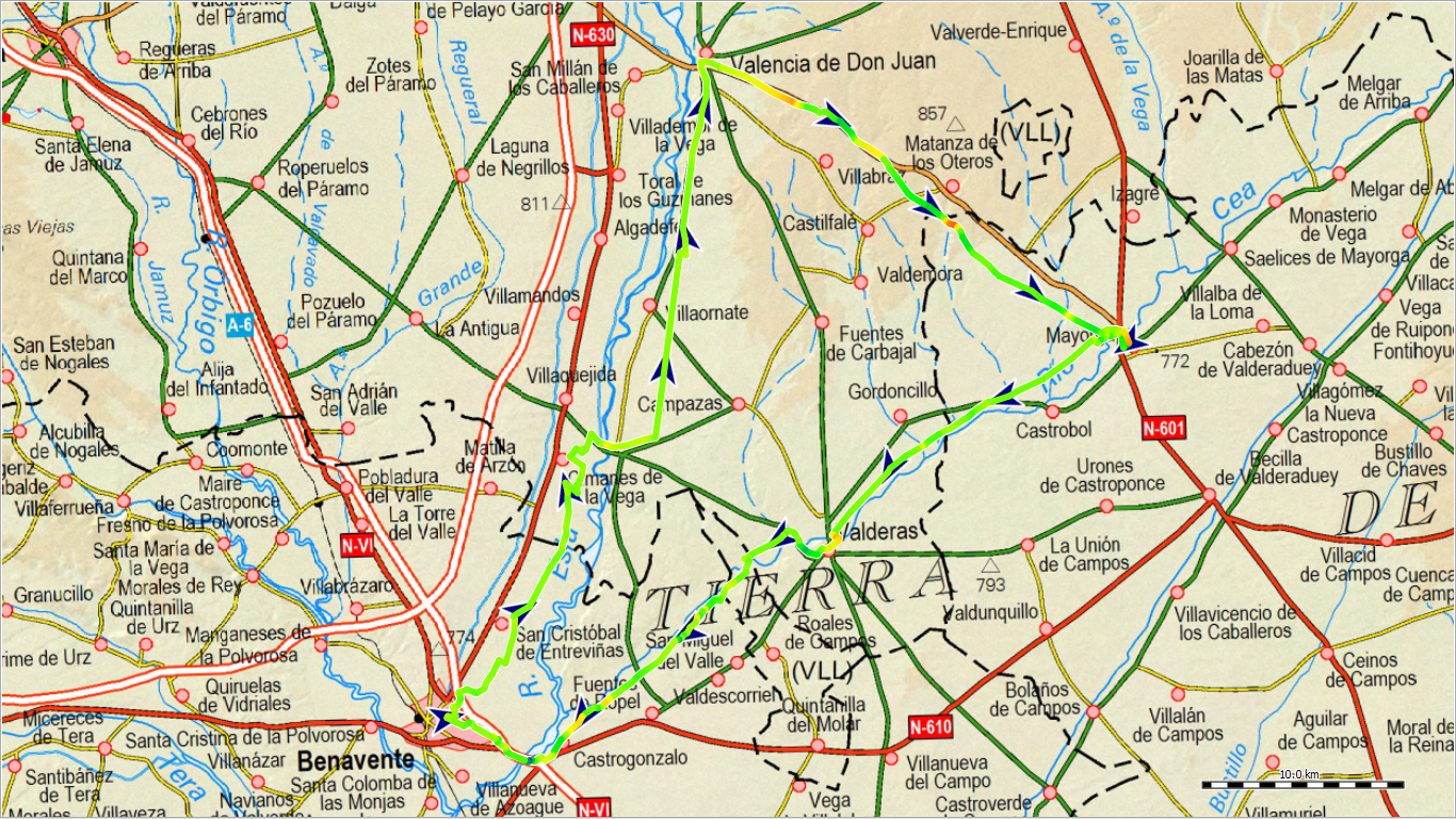 Mapa de la ruta Mayorga Benavente por Valderas y Valencia de Don Juan