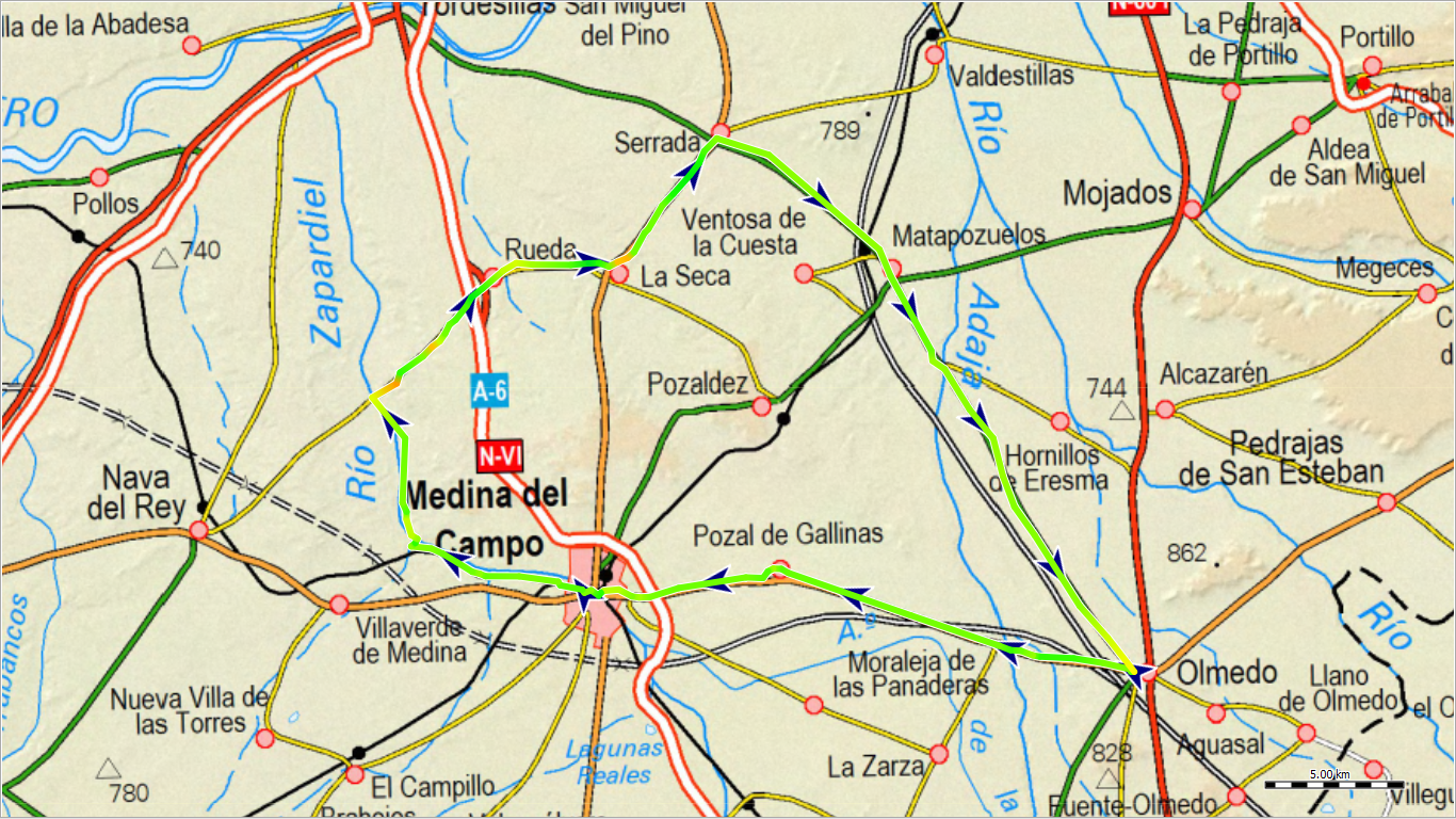 Mapa de la ruta Olmedo Rueda por Medina del Campo y Matapozuelos
