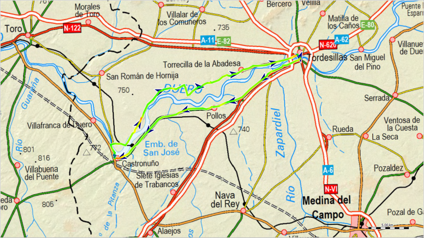 Mapa de la ruta Tordesillas Castronuño